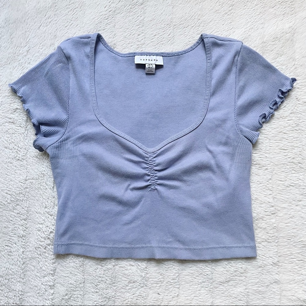 Ribbed Lettuce Edge Ruched Top in Periwinkle